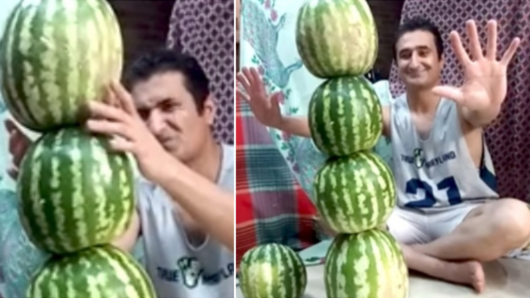 split image of Ashkan stacking watermelons