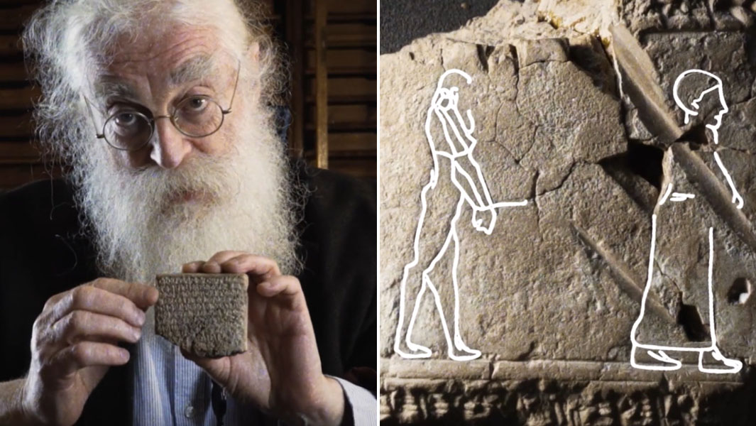 split image of Dr Finkel and clay tablet