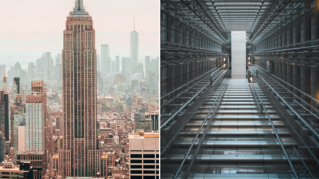 split image of Empire State and elevator shaft