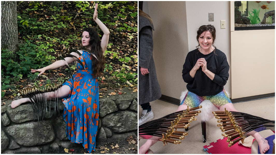 split-image-of-erin-hunter-balancing-swords-on-her-body-759522