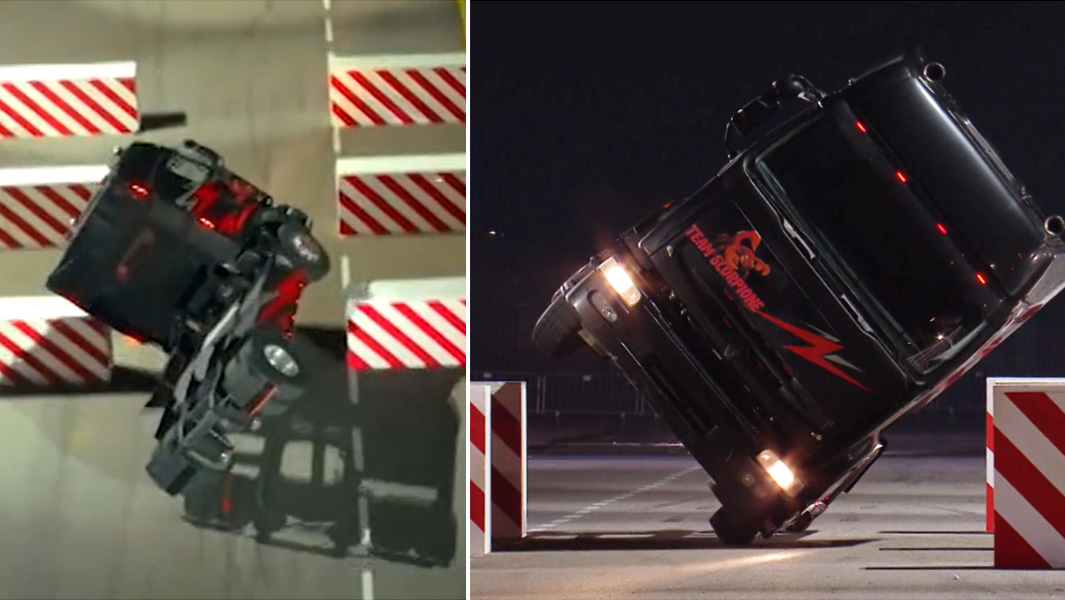 split image of HGV side wheelie