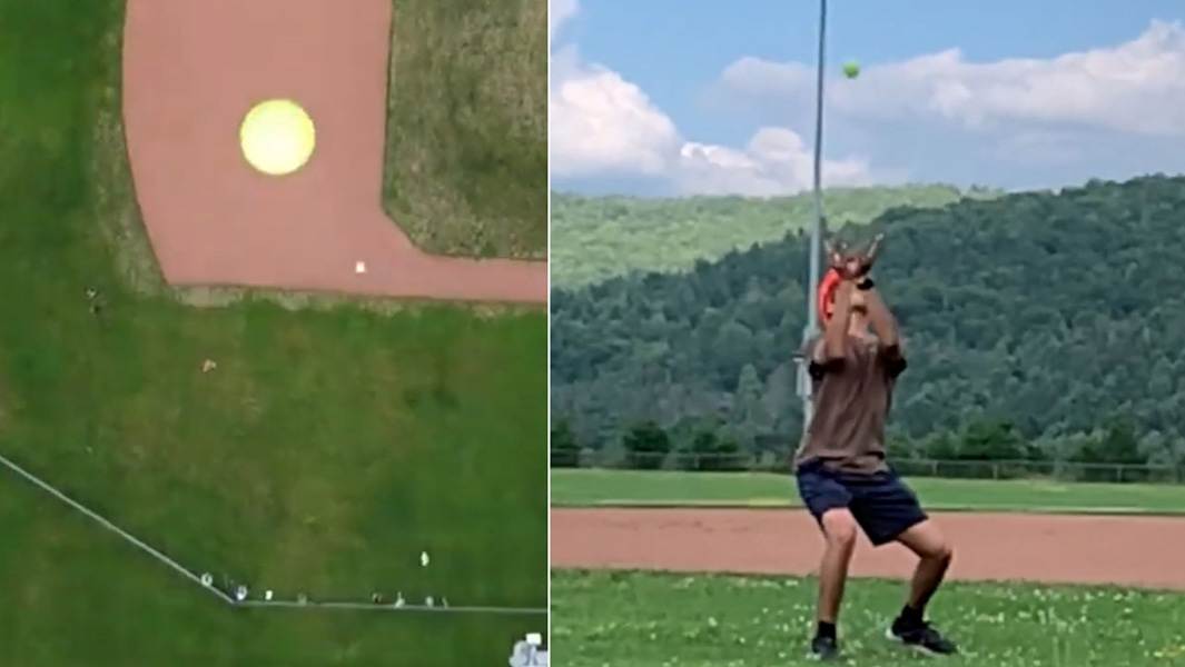 split image of highest tennis ball catch