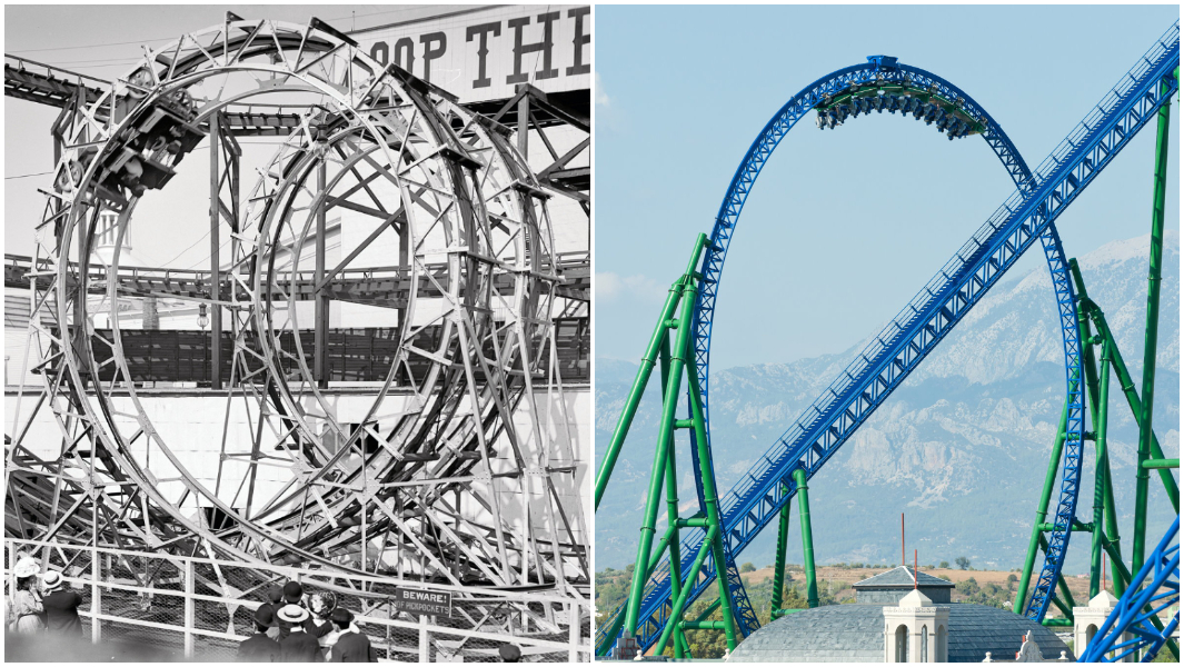 split-image-of-a-centrifugal-railway-and-a-modern-day-rollercoaster-759825