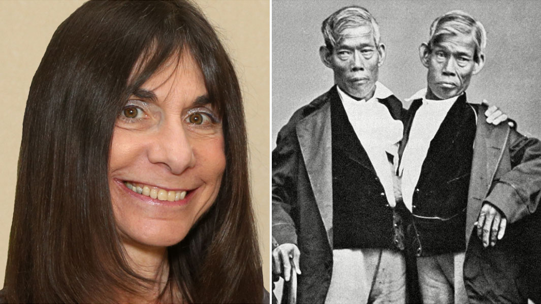 split image of dr nancy segal and chang and eng bunker