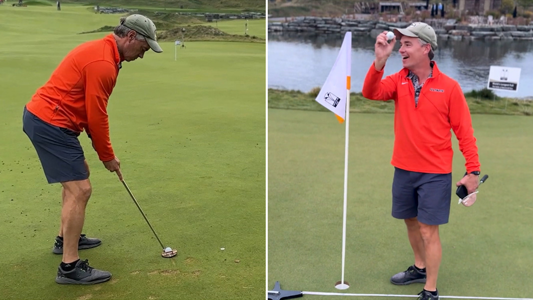 split image of Jay Stocki putting golf ball