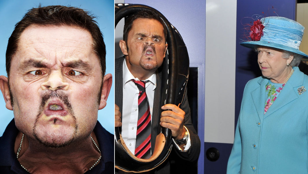 split image of Tommy Mattinson gurning and meeting Queen