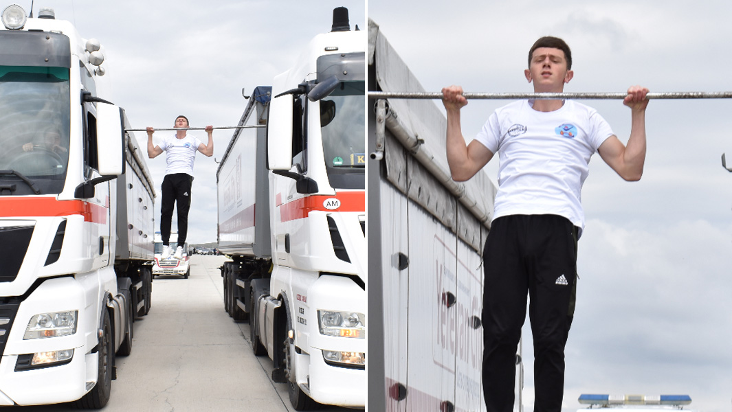 split image of Grigor Manukyan doing pullups