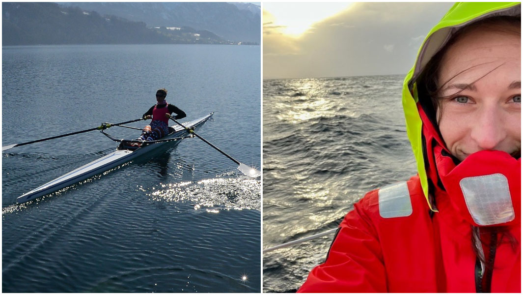 Lisa Farthofer split image rowing and on board boat