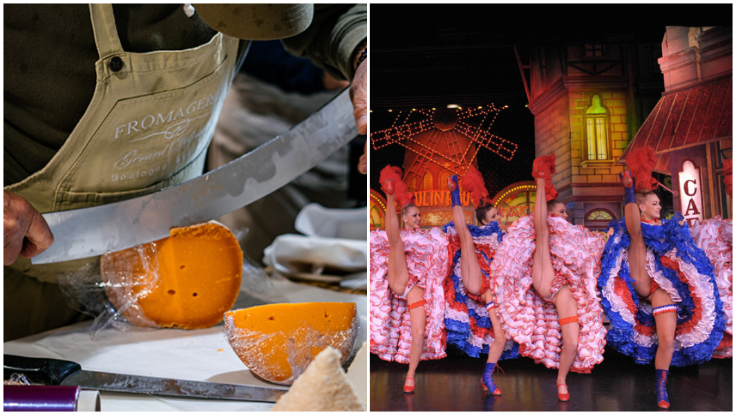 Split image cheese and can can dancers