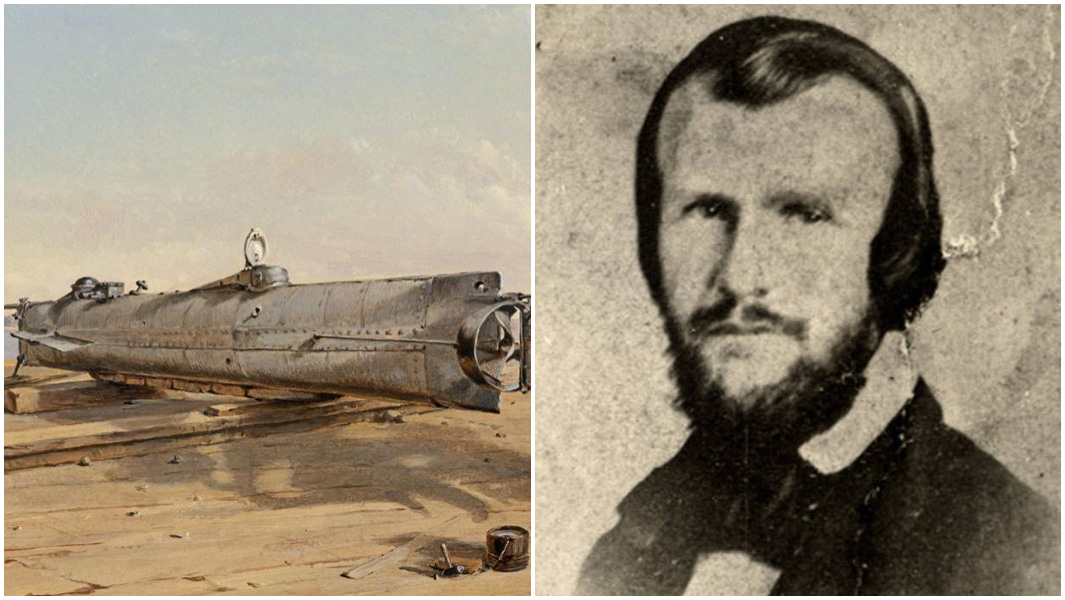 split image of Hunley submarine and Horace Hunley