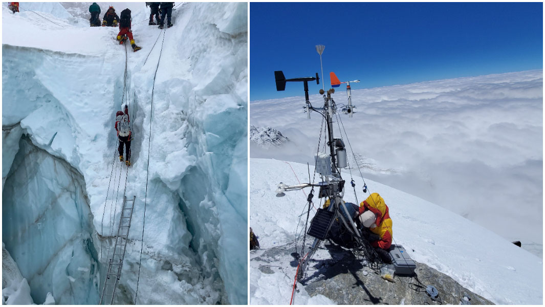 split image of sherpa climbing everest and installing weather station