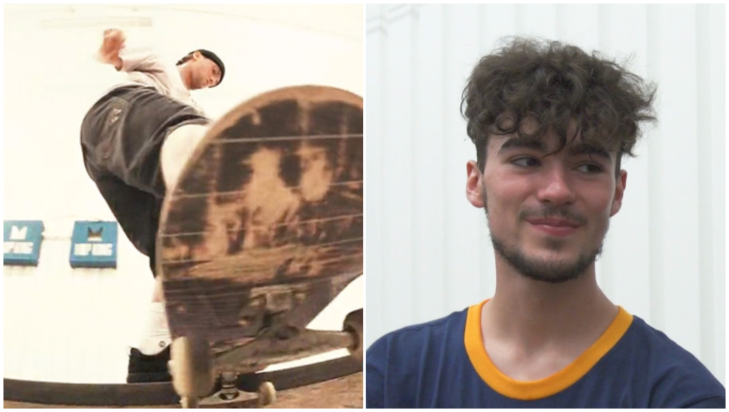 Jamie Griffin and Alex on skateboard split image