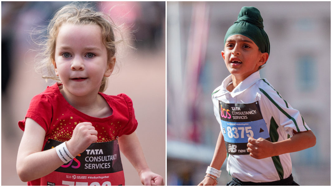 split image of girl and boy running