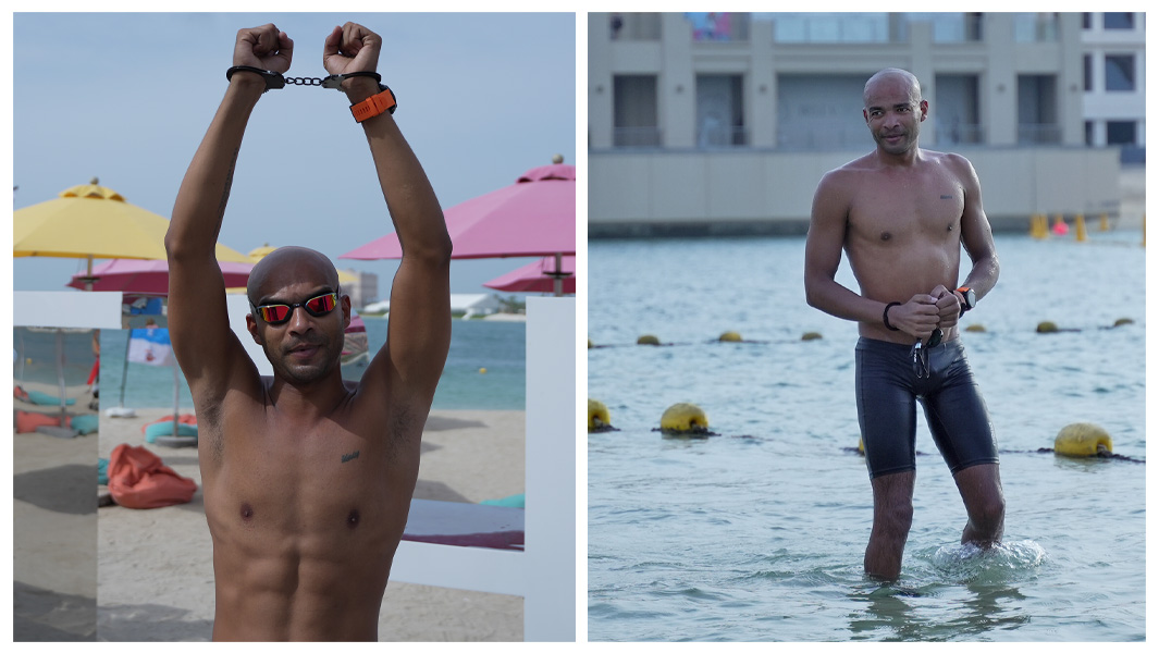 Split image of Shehab while breaking a world record in Dubai