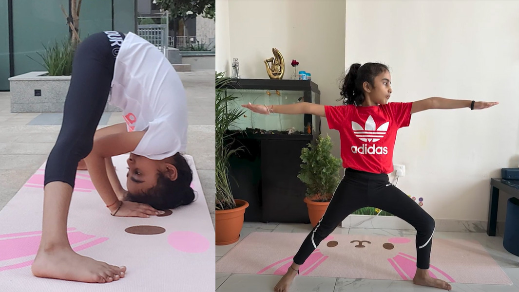 split image youngest yoga instructor female practicing yoga