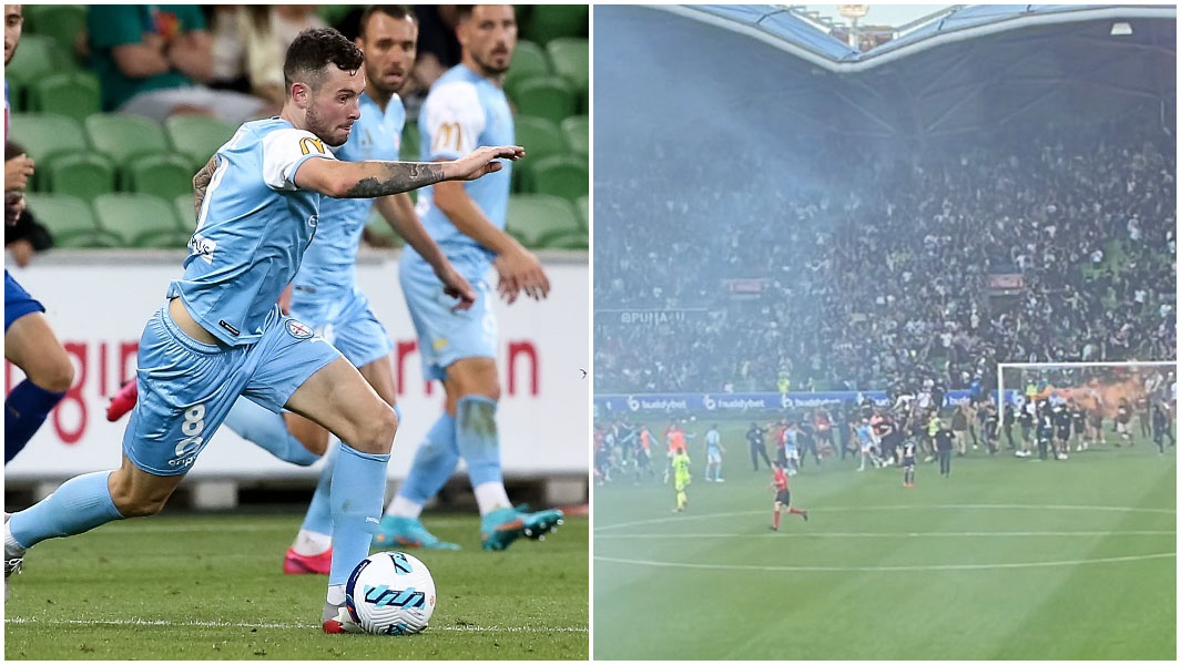split image Aiden oneill and melbourne derby invasion