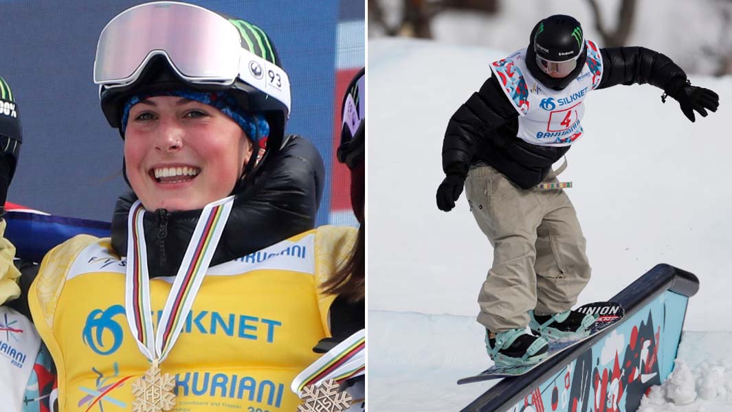 split image mia wearing medal and snowboarding