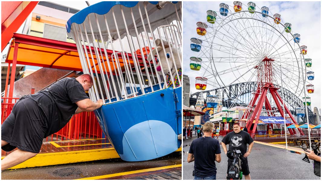 split image Troy pushing a ferris wheel