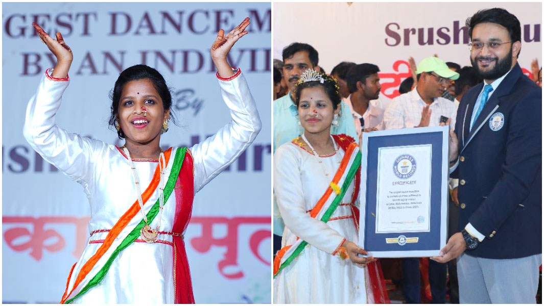 split image of Shrusti dancing and receiving GWR certificate