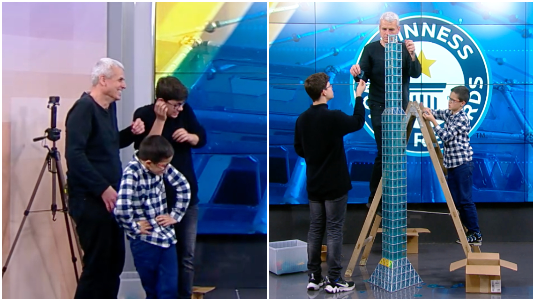 split image tallest geomag tower father and sons laughing and building tower