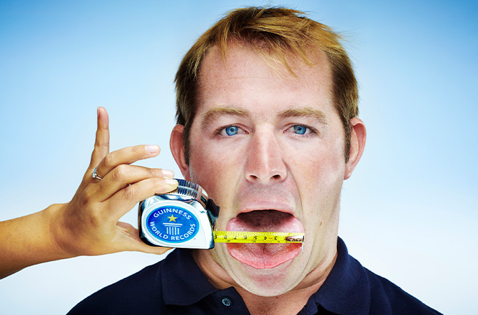 Jay Sloot's tongue measured 7.9 cm (3.1 in) in width Jay Sloot's tongue measured 7.9 cm (3.1 in) in width