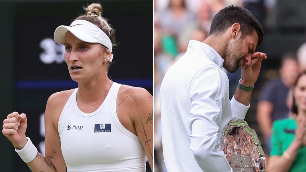 Markéta Vondroušová and Novak Djokovic split image