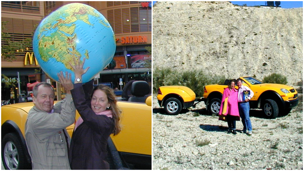 split-image-of-james-and-paige-holding-a-globe-and-posing-in-front-of-mercedes-754962