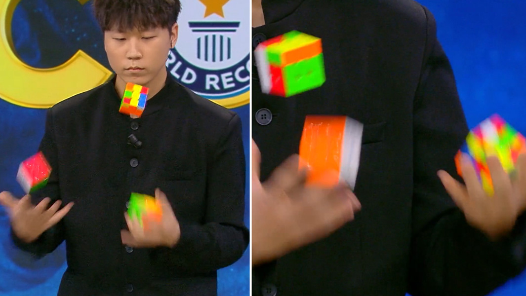 split image of Li Zhihao juggling cubes