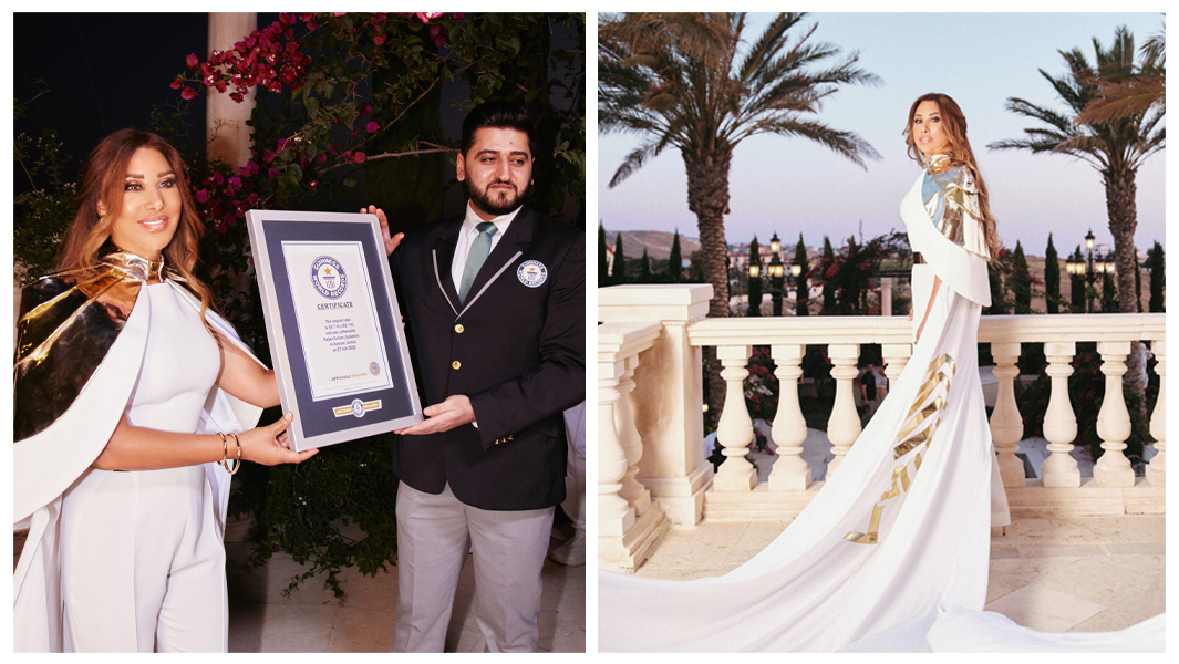 Split image of Najwa Karam after smashing a record for the longest cape