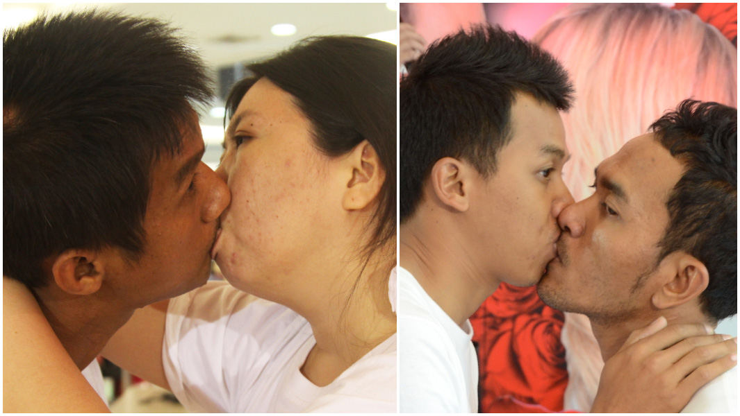 split image of Thai couples kissing