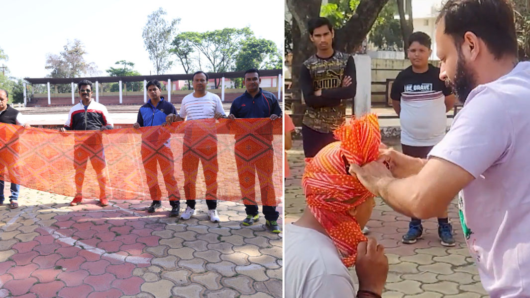 split image of turban being tied