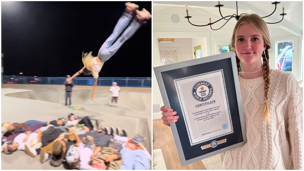 split image mia attempting record and holding certificate