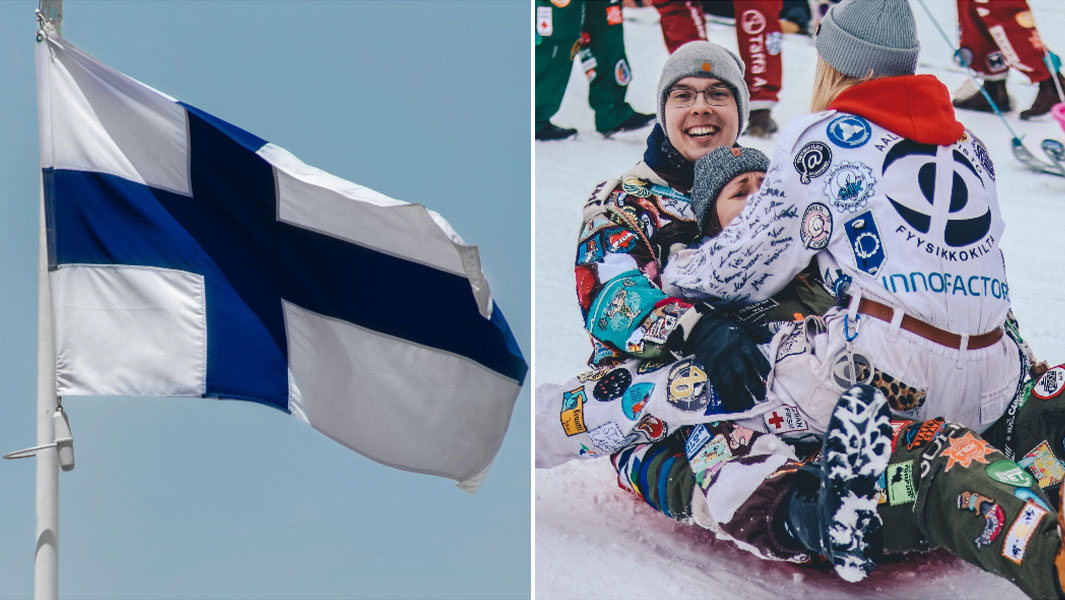 split image of Finland flag and people on sled