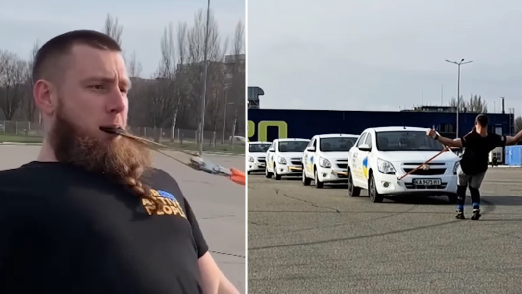 split image of Dmytro pulling cars