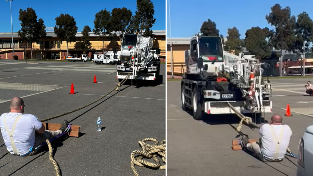 split image of Jordan pulling crane