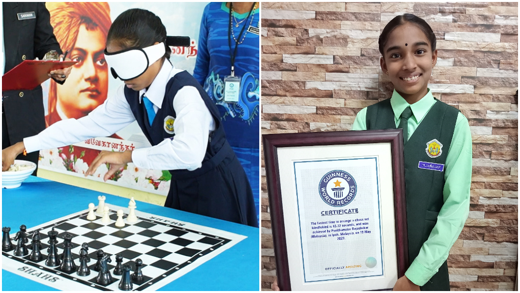 split image punithamalar attempting record and holding certificate