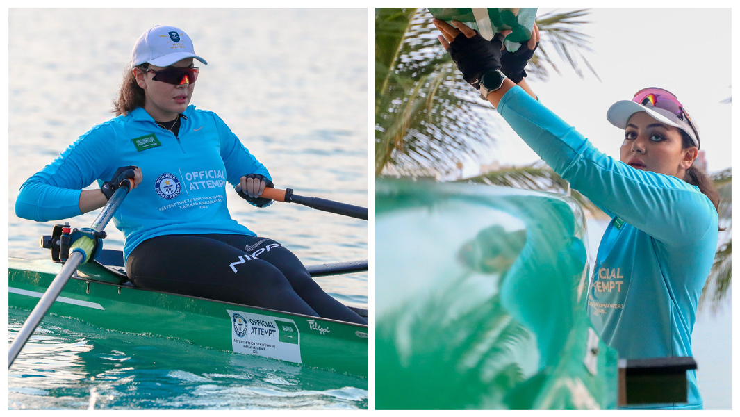 Split images of Kariman during her rowing world record attempt in Saudi Arabia