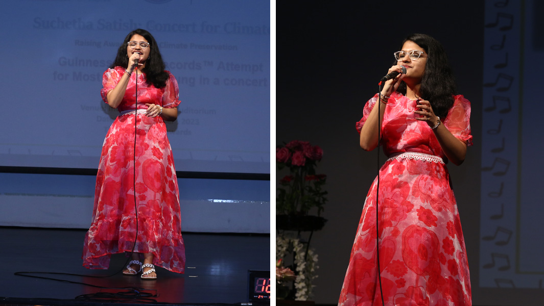 Wide and closeup split image of Suchetha Satish while singing