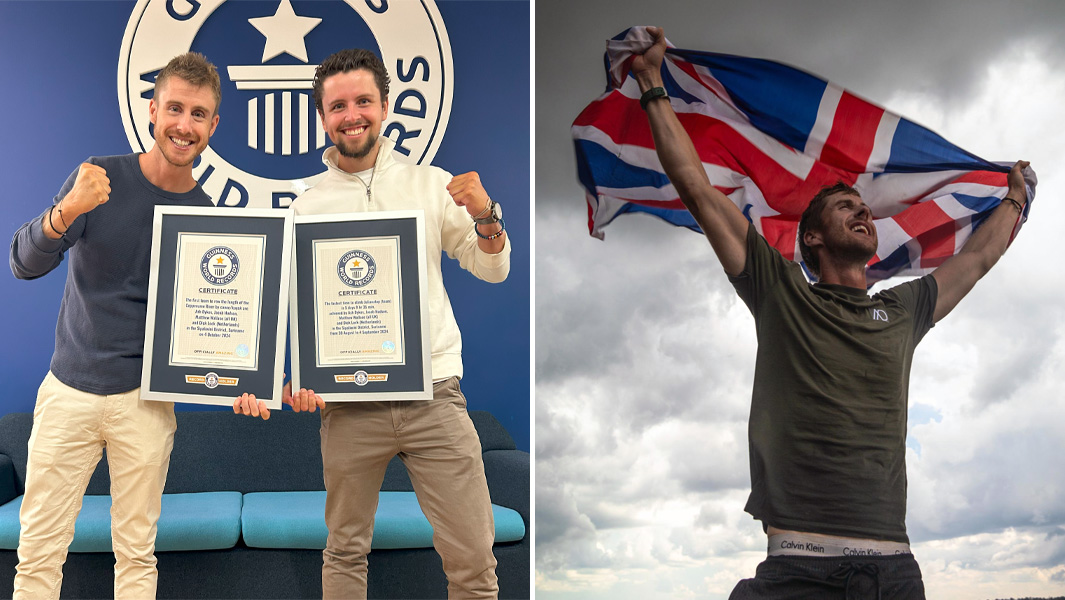Split image of Ash Dykes and Jacob Hudson holding their Guinness World Records certificates and Ash holding a Union Jack flag above his head in celebration