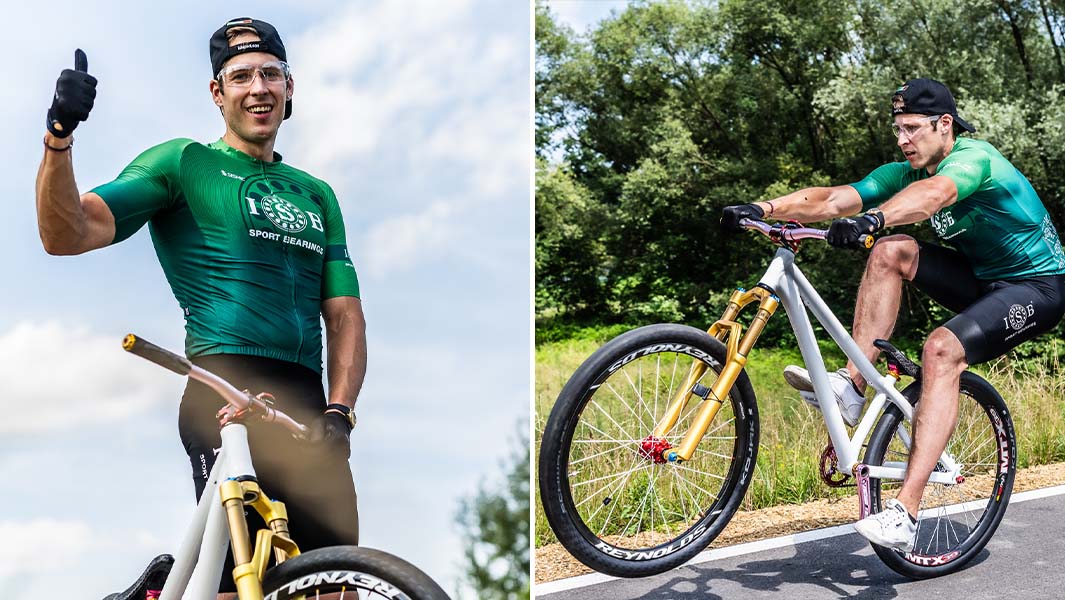 Split image of Dawid giving the thumbs up and performing a bicycle manual