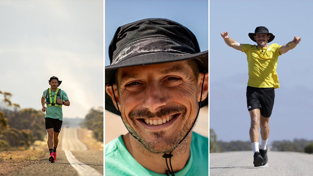 Split image of Chris running and smiling for the camera