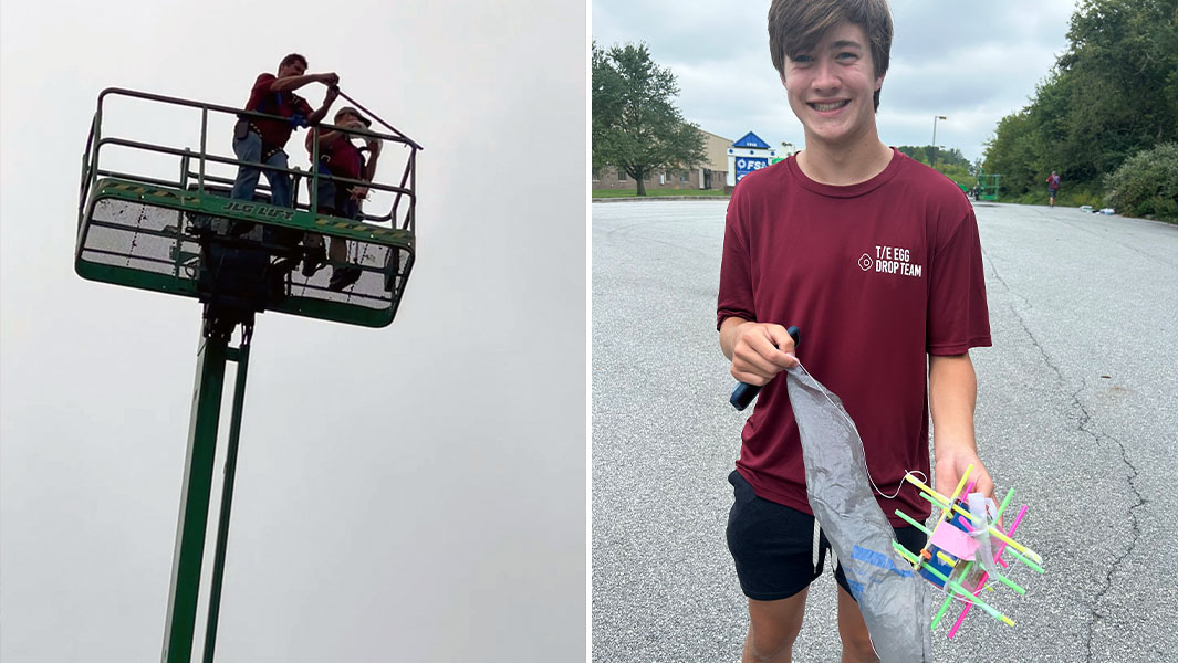 Split image of egg being dropped from crane and student holding it