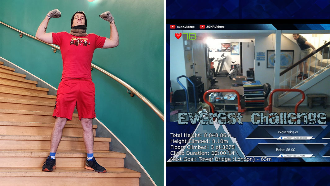 Split image of Sean on stairs and a still from his livestream