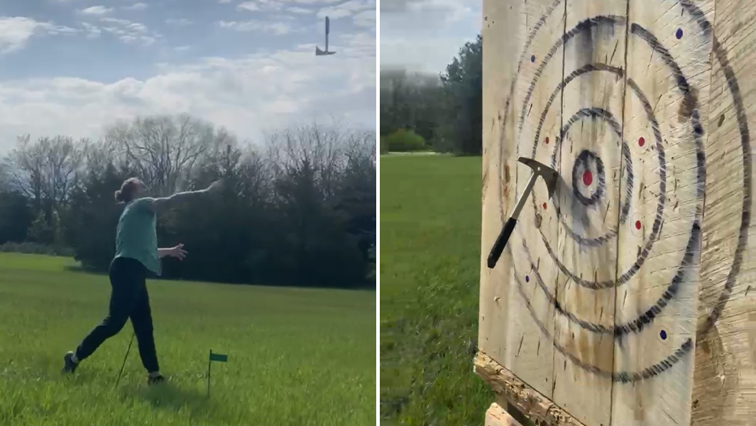 Split image of Jesse throwing axe and it stuck in the target