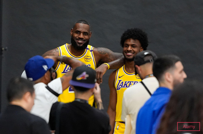 LeBron and Bronny James in Lakers uniforms