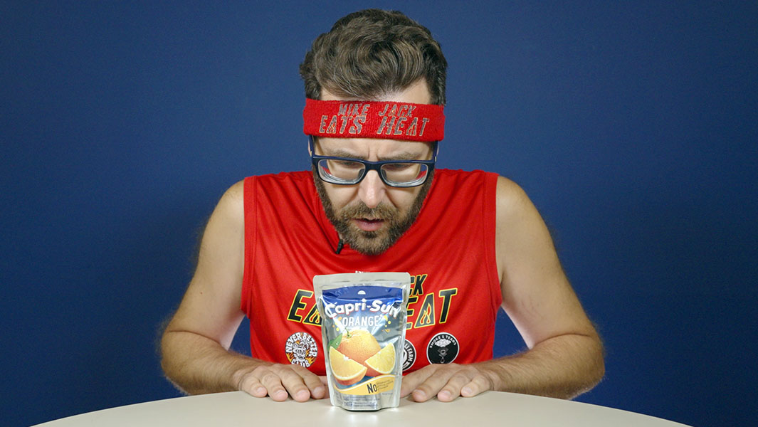 Split image of Mike Jack looking at a Capri Sun and drinking it