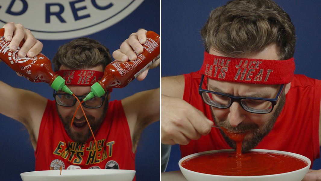 Split image of Mike Jack pouring and eating hot sauce