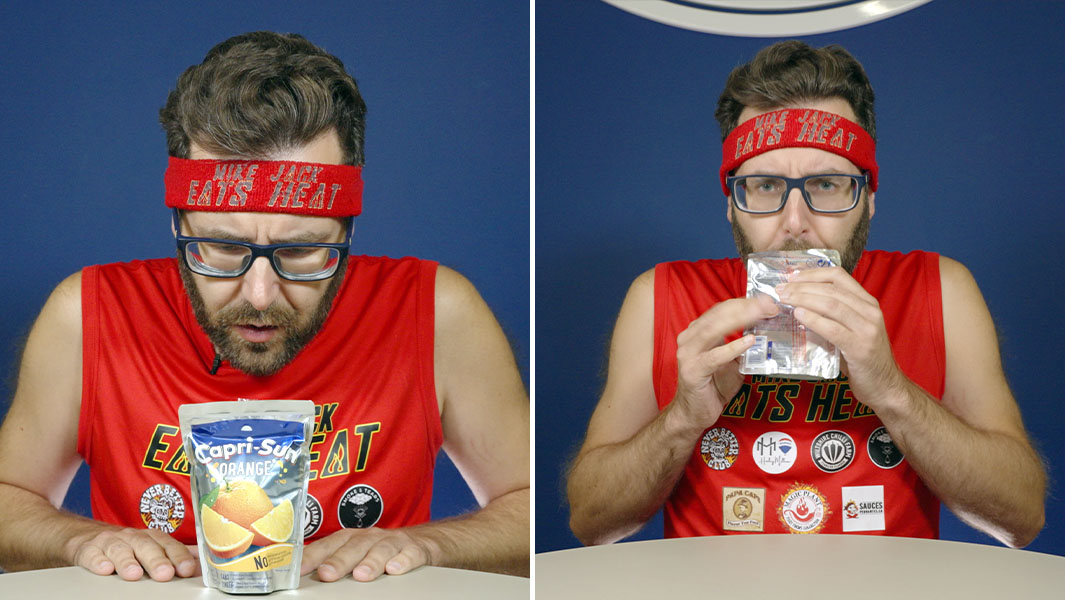 Split image of Mike Jack looking at a Capri Sun and drinking it