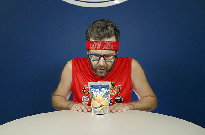 MIke Jack staring down a Capri Sun