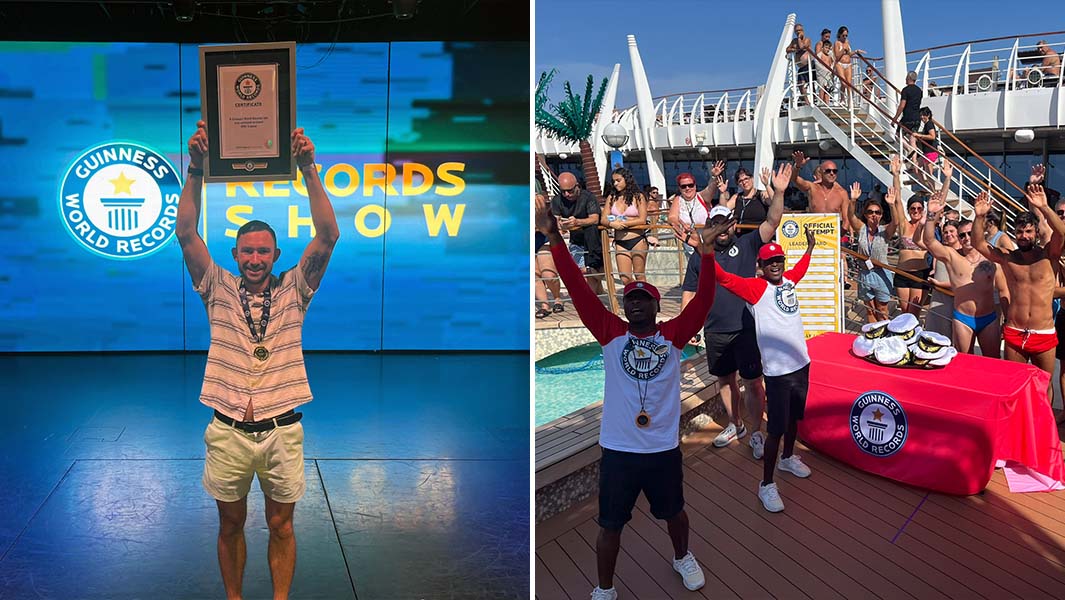 Split image of MSC passenger holding up certificate and people on top deck